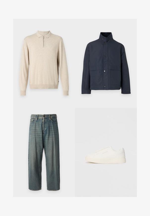 Navy blue waterproof jacket with a high collar, snap buttons, and two front pockets. Made from durable fabric with a smooth texture.; Beige long-sleeve pullover with a collared neckline and zip closure. Made of soft material with ribbed cuffs and hem.; Light blue denim jeans with a loose fit, mid-rise waist, and straight legs. Features five pockets, belt loops, and a button closure.; White slip-on sneakers with a textured surface, a thick sole, and minimalistic design. Features brand logo on the side.