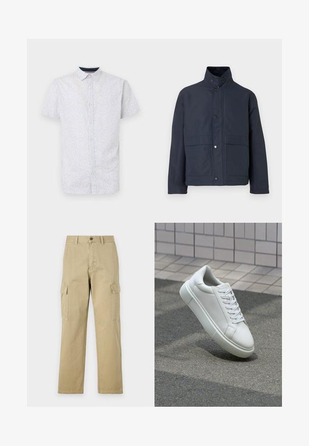 Casaco impermeável azul marinho com um colarinho alto, botões de pressão e dois bolsos frontais. Feito de um tecido durável com uma textura suave.; Camisa de botão de manga curta em azul claro com padrão de pequenos pontos pretos, apresentando um colarinho pontudo e uma bainha reta.; Calças cargo bege feitas de algodão, com dois bolsos laterais, fecho de botão e pernas retas com um tecido ligeiramente texturizado.; Tênis de couro branco com superfície lisa, bico redondo e cadarços brancos planos. Apresenta uma sola de borracha texturizada e elementos de design minimalistas.