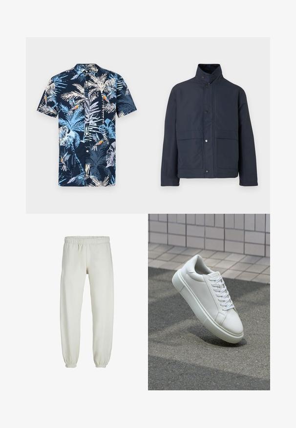 Mornarsko plava vodootporna jakna s visokim ovratnikom, kopčama na dugme i dva prednja džepa. Izrađena od izdržljivog materijala s glatkom teksturom.; Košulja kratkih rukava s tamnoplava pozadinom ukrašena tropskim uzorkom svijetloplavih palma i šarenih ptica. Ogrlica sa gumbima.; Bijele trenirke napravljene od mekanog materijala, s elastikom u struku i na manžetama, glatke teksture i labavog kroja.; Bijela kožna tenisica s glatkom površinom, okruglim vrhom i ravnim bijelim vezicama. Ima teksturiran gumeni potplat i minimalne dizajnerske elemente.