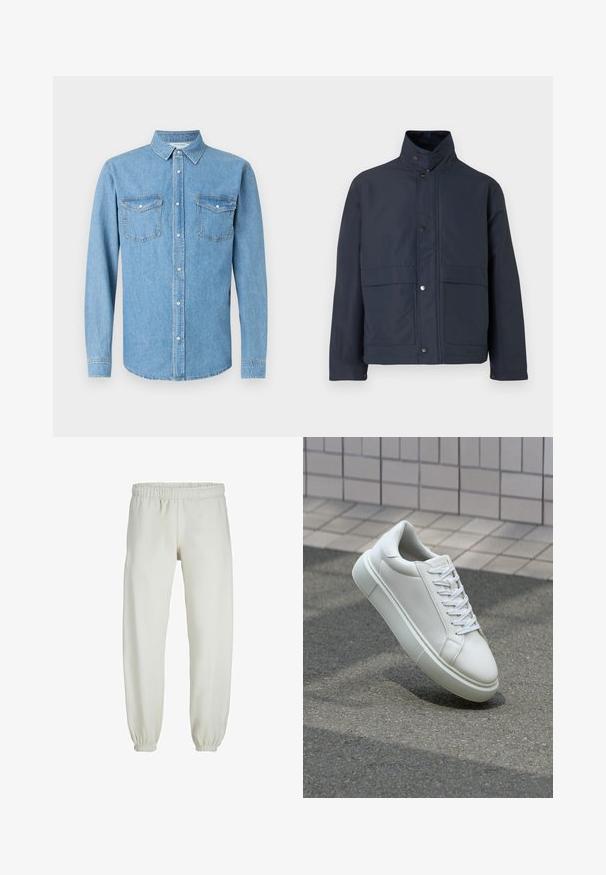 Marinblå vattentät jacka med hög krage, tryckknappar och två framfickor. Tillverkad av slitstark tyg med en slät textur.; Ljusblå jeansskjorta med långa ärmar, knäppning fram och två bröstfickor. Har en klassisk krage och en slät textur.; Vita sweatpants gjorda av mjukt tyg, med elastisk midja och muddar, samt en slät textur och lös passform.; Vit lädersneaker med en slät yta, rund tå och platta vita snören. Har en texturerad gummisula och minimalistiska designelement.