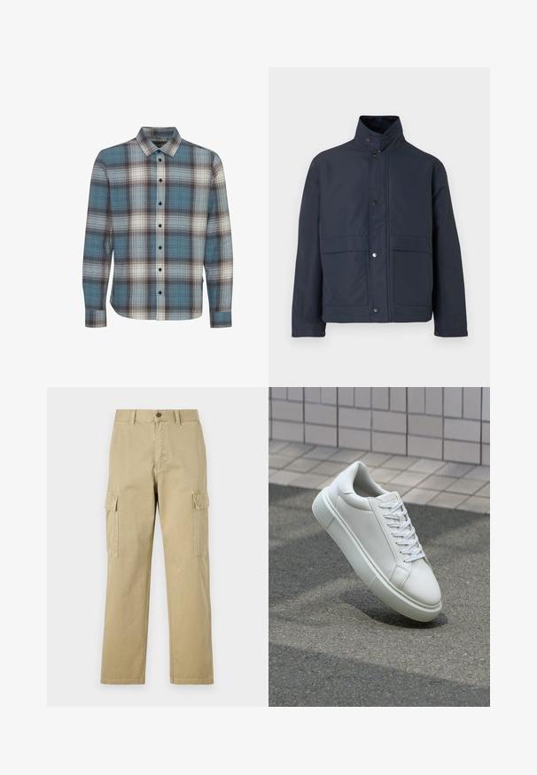 Temno modra vodoodporna jakna z visokim ovratnikom, gumbom na pritisk in dvema sprednjima žepoma. Narejena iz trpežnega blaga z gladko teksturo.; Dolga srajca s karo vzorcem v modri, beli in rjavi barvi. Narejena iz mehkega materiala s standardnim ovratnikom in zapenjanjem na gumb.; Bež hlače s cargo krojem iz bombaža, z dvema stranskima žeparm, gumbom za zapiranje in ravnimi nogavicami iz rahlo teksturirane tkanine.; Bela usnjena teniska obutev z gladko površino, okroglo konico in ravnimi belimi vezalkami. Ima teksturiran gumijast podplat in minimalne oblikovalske elemente.