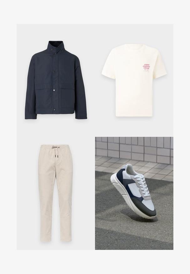 Veste imperméable bleu marine avec un col haut, des boutons-pression et deux poches avant. Fabriquée en tissu durable avec une texture lisse.; T-shirt blanc à manches courtes avec le texte rouge "Édition Originals du Studio" sur la poitrine gauche, présenté sur un fond gris neutre.; Pantalons jogger beige, extensibles, fabriqués en tissu texturé. Caractéristiques : ceinture avec cordon de serrage et jambes fuselées sans poches visibles.; Baskets blanches, bleu marine et grises avec un design en matériaux mélangés, présentant une tige texturée, des lacets plats et une semelle rembourrée.