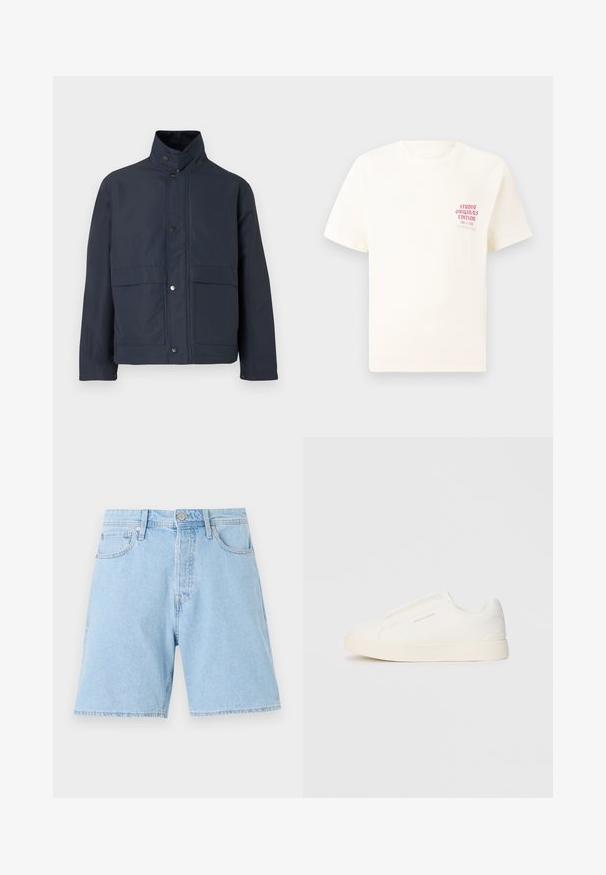 Marinblå vattentät jacka med hög krage, tryckknappar och två framfickor. Tillverkad av slitstark tyg med en slät textur.; Vit kortärmad T-shirt med röd text "Studio Originals Edition" på vänster bröst, är uppställd på en neutral grå bakgrund.; Ljusblå denimshorts med klassisk skärning, fem fickor, knäppning med knapp och sydd fåll. Hållbart material med en mjuk textur.; Vita slip-on sneakers med en texturerad yta, en tjock sula och minimalistisk design. Har varumärkeslogotypen på sidan.