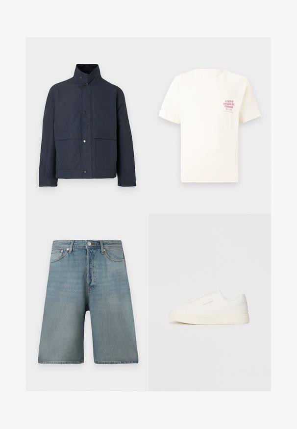 Navy blue waterproof jacket with a high collar, snap buttons, and two front pockets. Made from durable fabric with a smooth texture.; White short-sleeve T-shirt with red text "Studio Originals Edition" on left chest, displayed on a neutral gray background.; Light blue denim shorts featuring a loose fit, five pockets, and a traditional button closure, with faded patches for a worn appearance.; White slip-on sneakers with a textured surface, a thick sole, and minimalistic design. Features brand logo on the side.