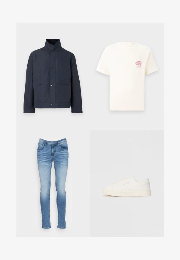 Casaco impermeável azul marinho com um colarinho alto, botões de pressão e dois bolsos frontais. Feito de um tecido durável com uma textura suave.; T-shirt branca de mangas curtas com o texto vermelho "Edição Originais do Estúdio" no lado esquerdo do peito, apresentada sobre um fundo cinza neutro.; Antony Morato SUPER SKINNY GILMOUR - Calças de ganga de corte skinny - blu denim; Sapatilhas brancas de atacar com uma superfície texturizada, sola grossa e design minimalista. Possui o logo da marca na lateral.