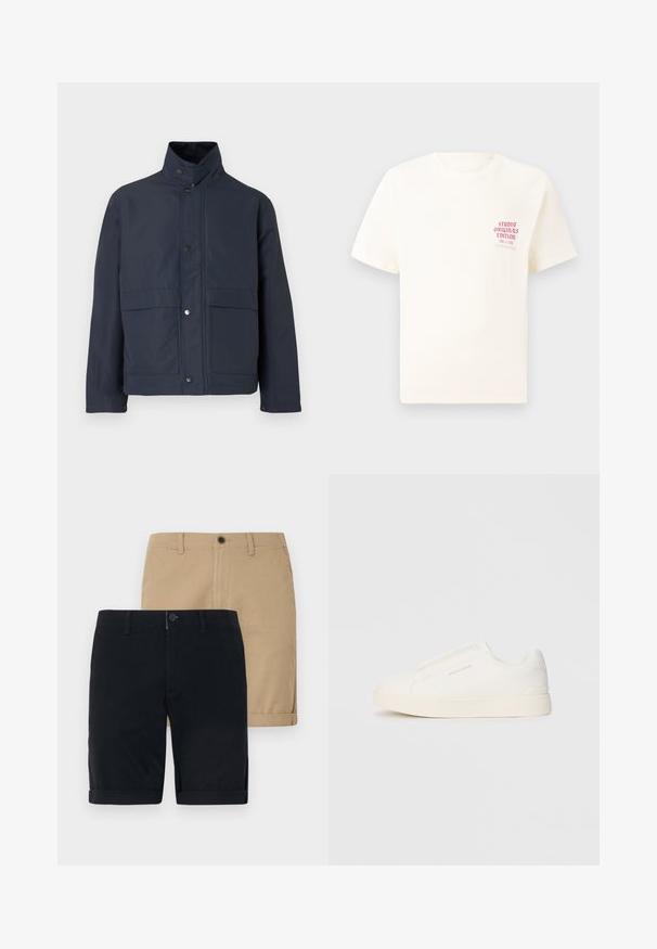 Jachetă impermeabilă de culoare bleu marin, cu guler înalt, nasturi tip capsei și două buzunare frontale. Fabricată dintr-un material durabil cu o textură netedă.; Tricou alb cu mânecă scurtă, având text roșu "Studio Originals Edition" pe partea stângă a pieptului, expus pe un fundal gri neutru.; Două perechi de pantaloni scurți: una bleumarin și una kaki. Ambele sunt din bumbac, au un front plat, margine rulat și închidere cu nasture.; Tenisi albi slip-on cu o suprafață texturată, talpă groasă și un design minimalist. Prezintă logo-ul brandului pe lateral.