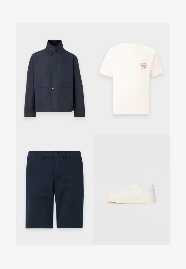 Navy blue waterproof jacket with a high collar, snap buttons, and two front pockets. Made from durable fabric with a smooth texture.; White short-sleeve T-shirt with red text "Studio Originals Edition" on left chest, displayed on a neutral gray background.; Navy blue shorts made of cotton blend material, featuring a button closure, belt loops, and straight hem with minimal detailing.; White slip-on sneakers with a textured surface, a thick sole, and minimalistic design. Features brand logo on the side.