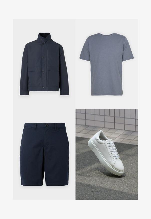 Temno modra vodoodporna jakna z visokim ovratnikom, gumbom na pritisk in dvema sprednjima žepoma. Narejena iz trpežnega blaga z gladko teksturo.; Siv majica s kratkimi rokavi in okroglo ovratnikom, izdelana iz mehkega bombažnega blaga. Preprost dizajn, brez vzorcev ali dodatkov.; Temno modri šortsi iz lahkega materiala. Opremljeni so z gumbom, imajo ravno sprednjo stran in dve stranski žepki. Klasična, ravna zasnova.; Bela usnjena teniska obutev z gladko površino, okroglo konico in ravnimi belimi vezalkami. Ima teksturiran gumijast podplat in minimalne oblikovalske elemente.