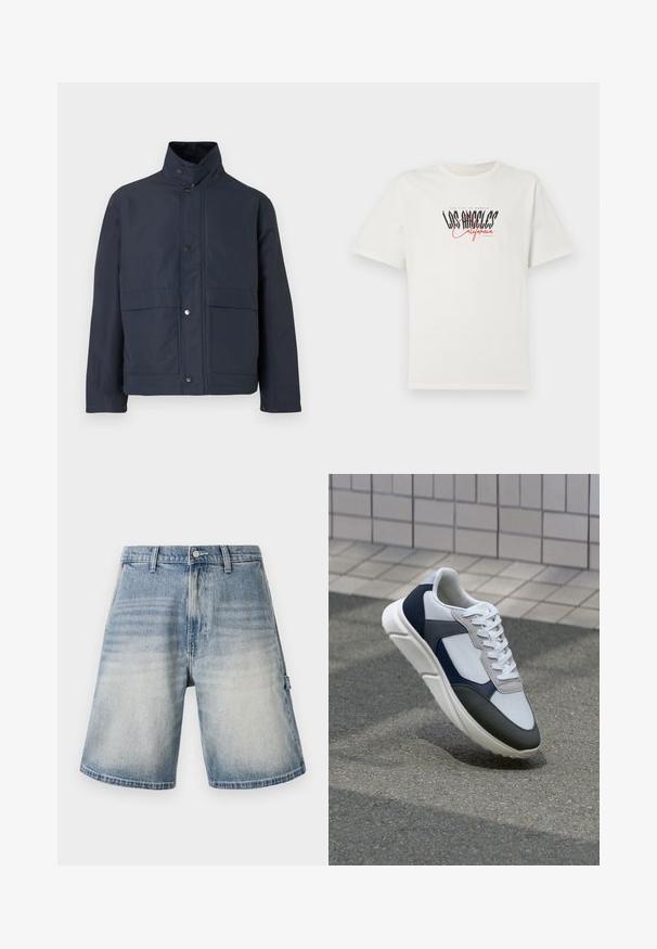 Mornarsko plava vodootporna jakna s visokim ovratnikom, kopčama na dugme i dva prednja džepa. Izrađena od izdržljivog materijala s glatkom teksturom.; Bijela pamučna majica s kratkim rukavima i okruglim izrezom. Sadrži grafiku "Los Angeles California" u crnoj i crvenoj boji. Jednostavan, opušten kroj.; Traper šortsevi u izblijedjeloj plavoj boji, slobodnog kroja i ravnog rezanja. Imaju pet džepova i petlje za remen uz suptilni izlizani uzorak.; Bijela, mornarsko plava i siva tenisica s dizajnom od miješanih materijala, koja ima teksturirani gornji dio, ravne vezice i udoban đon.