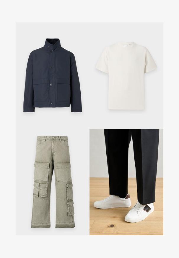 Granatowa wodoodporna kurtka z wysokim kołnierzem, zatrzaskami i dwiema przednimi kieszeniami. Wykonana z wytrzymałego materiału o gładkiej fakturze.; Biała krótka koszulka z krótkim rękawem o żebrowanej fakturze. Okrągły dekolt, luźny krój, brak widocznych wzorów lub akcentów. Prosty i uniwersalny design.; Spodnie cargo w jasnym oliwkowym kolorze, z wieloma dużymi kieszeniami, szeroką nogawką i surowym wykończeniem. Wykonane z trwałego materiału.; Białe trampki o gładkiej fakturze, z brązowymi skórzanymi akcentami i czarnymi detalami, zestawione z czarnymi eleganckimi spodniami. Tło stanowi drewniana podłoga.