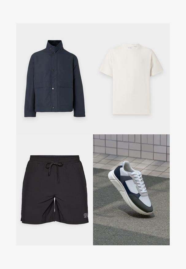 Mornarsko plava vodootporna jakna s visokim ovratnikom, kopčama na dugme i dva prednja džepa. Izrađena od izdržljivog materijala s glatkom teksturom.; Bijela kratka majica s kratkim rukavima u rebrastoj teksturi. Okrugli izrez, ležeran kroj, bez vidljivih uzoraka ili akcenta. Jednostavan i svestran dizajn.; Crne kratke hlače napravljene od mekane tkanine, s elastičnim pojasom i vezicom te bočnim prorezima za lakše kretanje.; Bijela, mornarsko plava i siva tenisica s dizajnom od miješanih materijala, koja ima teksturirani gornji dio, ravne vezice i udoban đon.