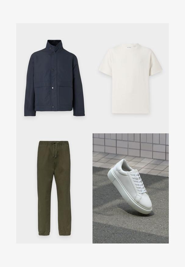 Navy blue waterproof jacket with a high collar, snap buttons, and two front pockets. Made from durable fabric with a smooth texture.; White short-sleeve T-shirt in a ribbed texture. Round neckline, relaxed fit, no visible patterns or accents. Simple and versatile design.; Olive green cotton blend pants with an elastic waistband, drawstring closure, and tapered legs with elastic cuffs. Smooth texture, no patterns.; White leather sneaker with a smooth surface, round toe, and flat white laces. Features a textured rubber sole and minimal design elements.