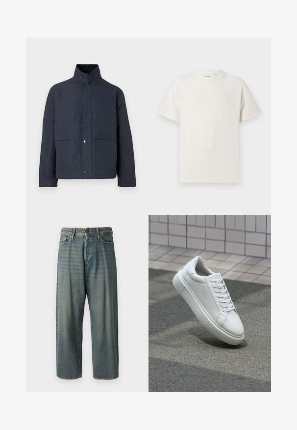 Navy blue waterproof jacket with a high collar, snap buttons, and two front pockets. Made from durable fabric with a smooth texture.; White short-sleeve T-shirt in a ribbed texture. Round neckline, relaxed fit, no visible patterns or accents. Simple and versatile design.; Light blue denim jeans with a loose fit, mid-rise waist, and straight legs. Features five pockets, belt loops, and a button closure.; White leather sneaker with a smooth surface, round toe, and flat white laces. Features a textured rubber sole and minimal design elements.