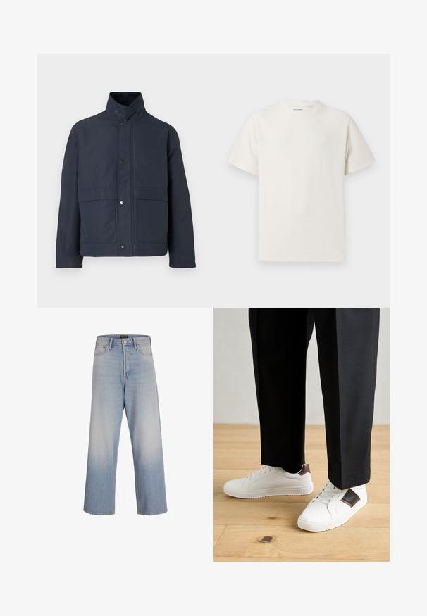 Námornícky modrá nepremokavá bunda s vysokým golierom, cvokovými gombíkmi a dvoma prednými vreckami. Vyrobená z odolného materiálu s hladkou textúrou.; Biela krátka tričko s krátkym rukávom so žebrovanou textúrou. Okrúhly výstrih, uvoľnený strih, žiadne viditeľné vzory ani akcenty. Jednoduchý a všestranný dizajn.; Svetlomodré džíny s voľnými nohavicami, vyrobené z denimu, s vysokým pásom, prednými vreckami a efektom vyblednutia pre textúrový vzhľad.; Biele tenisky s hladkým povrchom, s hnedými koženými akcentmi a čiernymi detailmi, spárované s čiernymi elegantnými nohavicami. Pozadím je drevená podlaha.