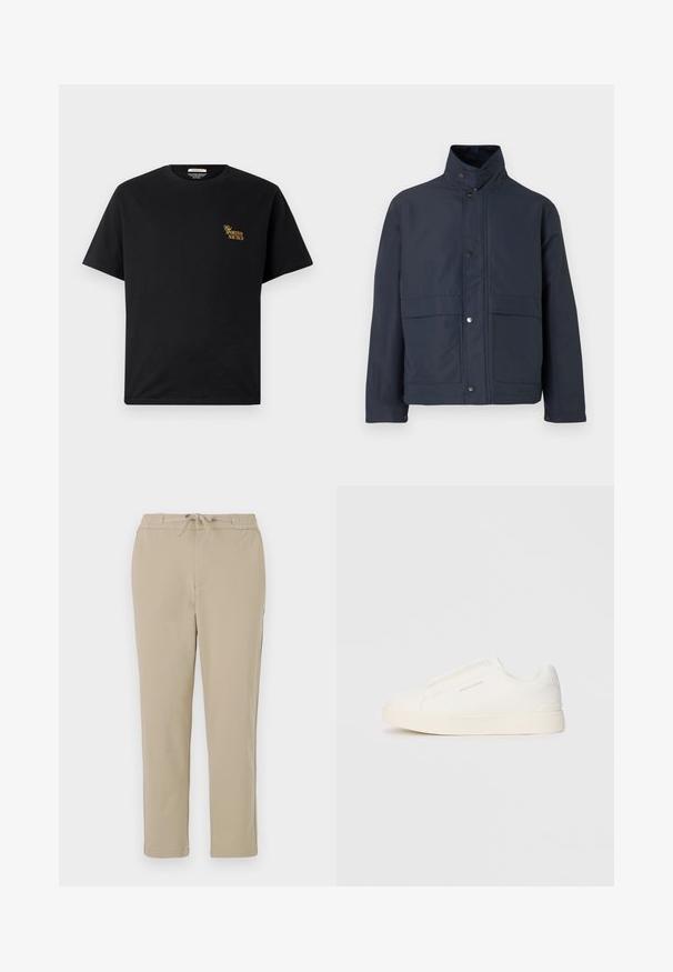 Námornícky modrá nepremokavá bunda s vysokým golierom, cvokovými gombíkmi a dvoma prednými vreckami. Vyrobená z odolného materiálu s hladkou textúrou.; Čierne bavlnené tričko s okrúhlym výstrihom a krátkymi rukávmi. Obsahuje zlatý nápis "Sportivo Nautico" na ľavej hrudi. Jednoduchý dizajn.; Béžové pohodlné nohavice s elastickým pásom a šnúrkou, s rovnou nohou a jemnou, hladkou textúrou.; Biele slip-on tenisky s textúrovaným povrchom, hrubou podrážkou a minimalistickým dizajnom. Obsahuje logo značky na boku.