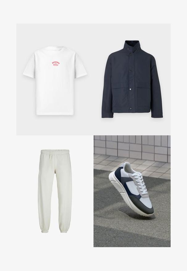 Tumesinine veekindel jakk kõrge kraega, nööbid ja kaks eesmist taskut. Valmistatud vastupidavast kangast, millel on sile tekstuur.; Valge puuvillane t-särk, millel on punane trükitud disain, mis ütleb "Perdido en el paraíso" rinna kohal, lühikesed varrud, vabalt langev lõige.; Valged trennipüksid, mis on valmistatud pehmest kangast, elastse vöökoha ja mansettidega, sileda tekstuuri ja lõdva lõikega.; Valge, mereväe sinine ja hall spordijalats, millel on segatud materjalide disain, tekstureeritud ülemine osa, lame pael ja pehme talla.