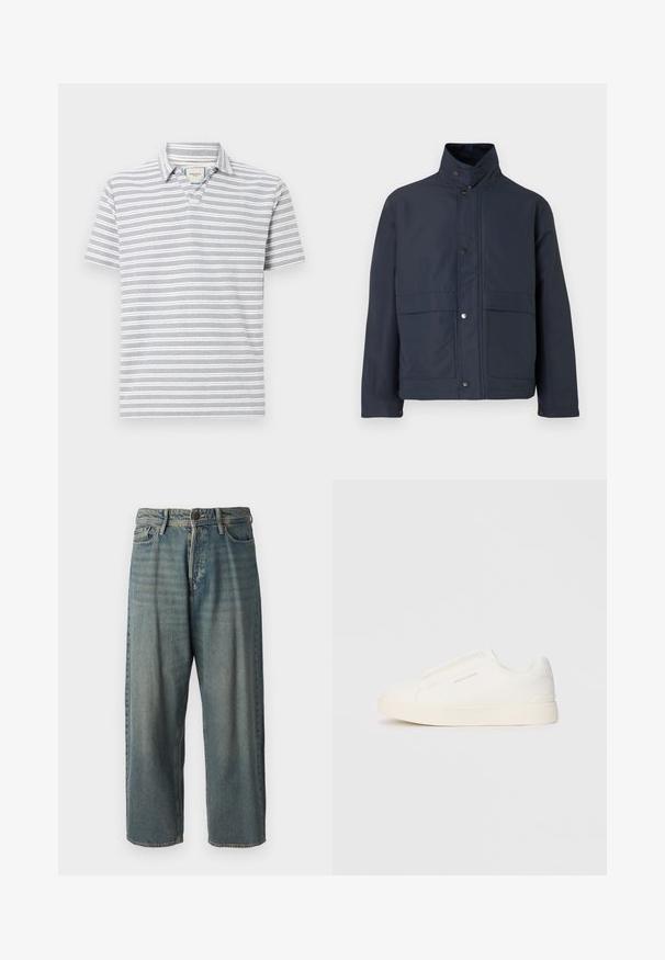 Temno modra vodoodporna jakna z visokim ovratnikom, gumbom na pritisk in dvema sprednjima žepoma. Narejena iz trpežnega blaga z gladko teksturo.; Sivoprevedena in bela polo majica s kratkimi rokavi, ovratnikom in ravnim robom. Narejena iz mehkega, teksturiranega materiala.; Svetlomoderne kavbojke z ohlapnim krojem, srednjim pasom in ravnimi nogami. Imajo pet žepov, zanke za pas in zapiranje na gumb.; Bele zapete brez vezalk z teksturirano površino, debelim podplatom in minimalističnim dizajnom. Na strani se nahaja logotip blagovne znamke.