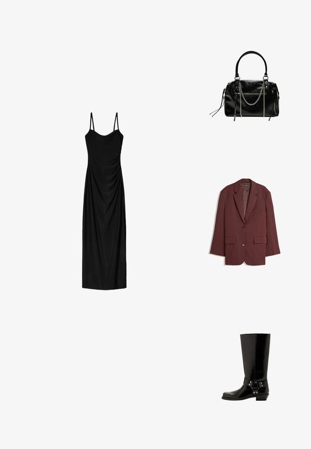 Bordo dvojgombový blazer s klopami, dvoma prednými vreckami s klapkou a jedným náprsníkovým vreckom, vystavený na bielom pozadí.; Čierne midi šaty s tenkými nastaviteľnými ramienkami, s prekrývajúcim sa dizajnom a hladkou textúrou. Žiadne viditeľné vzory ani zdobenie.; Čierne gumové čižmy s lesklým povrchom, s dekoratívnym pásikom a kovovými detailmi. Nízky, mierne zaoblený podpätok.; Bershka WITH CHAIN - Kabelka - black