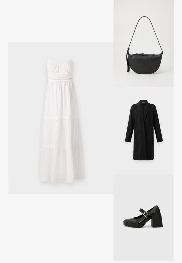 Svart knelang jakke med krage, lange ermer, to frontlommer og uten synlige knapper eller lukking.; Hvit maxikjole med justerbare spaghetti-stropper, rynket bodice og lagdelt skjørt, laget av lett stoff med blonde detaljer i midjen.; Svarte patenterte lær Mary Jane-hæler med rund tå, bred blokkheel, justerbar spenne og strukturert såle.; Svart lær skulderveske med buet form, enkel stropp, glidelås-lukking, og diskret sømdetaljering langs kroppen.