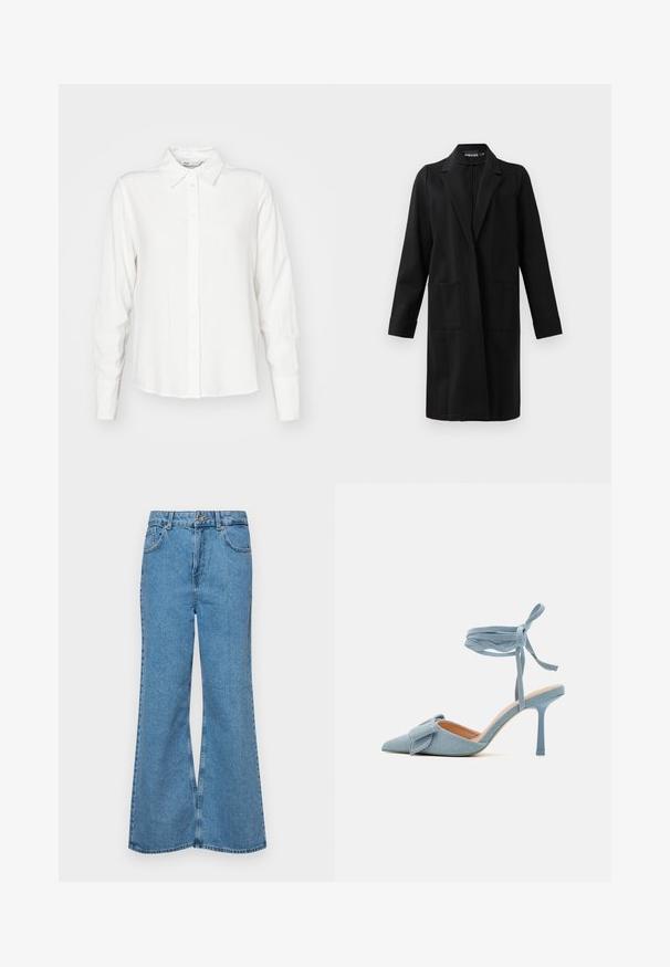 Mustjas põlvekohal ulatuv mantel, millel on kärbitud krae, pikad varrukad, kaks esimest klapitud taskut ja nähtamatud nööbid või sulgurid.; Valge, pikkade varrukatega nööbiga särk kraega, valmistatud siledast kangast; omab sirget lõiget ja peent tekstuuri.; Heledad sinine flared teksade rõivad, millel on kõrge talje, viis taskut ja üks nupulukk. Pehme tekstuur ja pleekinud viimistlus.; Kitsas varbaga kõrge kontsaga kingad helesinisest kangast, millel on tekstuuriga viimistlus, kaunistatud paeltega ja pahkluuringiga, tagamaks kindlat sobivust.