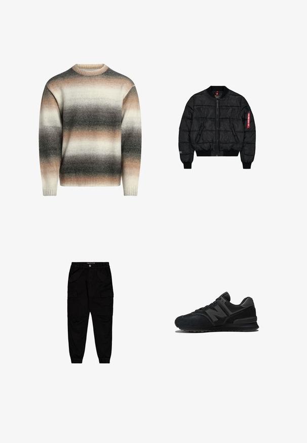 Schwarze gestepfte Bomberjacke mit Frontreißverschluss, zwei schrägen Taschen, gerippten Bündchen und Saum sowie einem roten Etikett am Reißverschluss der linken Ärmeltasche.; Strickpullover mit Rundhalsausschnitt, gerippten Bündchen und einem Farbverlaufsmuster in Creme-, Beige- und Grautönen. Weicher Stoff und lockere Passform.; Schwarze Cargo-Hosen aus Baumwolle, ausgestattet mit zwei Fronttaschen und zwei seitlichen Cargo-Taschen, mit elastischen Bündchen und einem elastischen Bund.; Schwarzer Sneaker mit einem Obermaterial aus Wildleder und Mesh, dicker Sohle und auffälligem 'N'-Logo an der Seite. Strukturiertes Design mit Schnürverschluss.