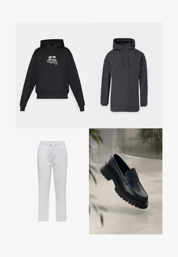 Giacca cappuccio grigio scuro con zip frontale, caratterizzata da due ampie tasche e coulisse regolabile sul cappuccio e in vita.; Felpa nera con tasca anteriore, cappuccio con cordino e grafica astratta bianca di un volto e una mano al centro del petto.; Pantaloni bianchi a vita alta con elastico e cordoncino. Design a gamba dritta in un tessuto liscio e leggero senza motivi.; Mocasini in pelle nera con suola a tassello spessa, con una fascia decorativa e dettagli di cucitura. Texture liscia con una finitura lucida.