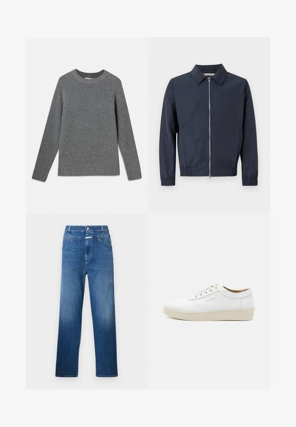 Navy plava lagana jakna s ovratnikom, prednjim zatvaračem, elastičnim manžetama i rubom. Gladak tekstura i minimalistički dizajn.; Sivi rebrasti pulover s dugim rukavima, okruglim izrezom i teksturiranom tkaninom. Sadrži rebraste rubove na manžetama i dnu.; Plave traperice ravnog kroja, s gumbom za zatvaranje, petljama za pojas i suptilnim izblijedjenjem na bedrima.; Bijele kožne tenisice s teksturiranim finishom, okruglim vrhom, bež gumiranim potplatom i šest sivih rupica za vezice, koje imaju suptilni branding sa strane.
