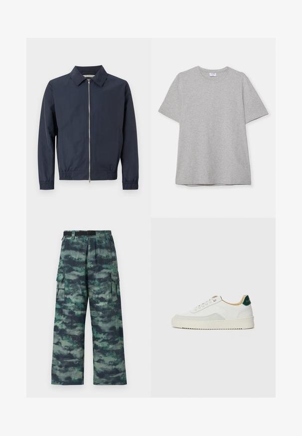 Laivasilmäläinen kevyempi takki, jossa on kaulus, etuvetoketju, joustavat hihansuut ja helma. Sileä kangas ja minimalistinen muotoilu.; Harmaa lyhythihainen T-paita, joka on valmistettu pehmeästä ja teksturoidusta kankaasta. Varustettu klassisella pyöreällä pääntiellä ja suoraselkäisellä helman kanssa, sopii rentoon pukeutumiseen.; Cargo-housut, joissa on kamouflagekuvio tummanvihreän, turkoosin ja mustan sävyjä. Leveälahkeinen malli, jossa on sivutaskut ja vyötäröllä vyö.; Valkoiset tennarit, joissa on nahkaosia, pyöreä kärki, tasaiset nauhat ja kermaisa kumi-pohja. Takana vihreä brändäys.