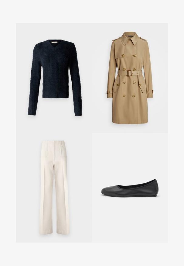 Bež trench coat topelt nööpidega disain, kullavärvi nööbid, õlavarre epauletid, vöödiga piht ja küljetaskud. Sile kangastekstuuri.; Tumedat sinise värvi kudum, millel on V-kaelus, pikad varrukad, tekstuuriga ribakujundus ja veidi lühem hemline.; Beežid laiad püksid kõrge vööpüksiga, kahe esipocketiga ja nähtavate õmblusteadete detailidega. Valmistatud siledast, kergest kangast.; Musthave mustika tantsutossud mustast nahast, ümmarguse varbaga, siledast tekstuurist, minimaalse õmblusdetailiga ja paindliku tallakujundusega.