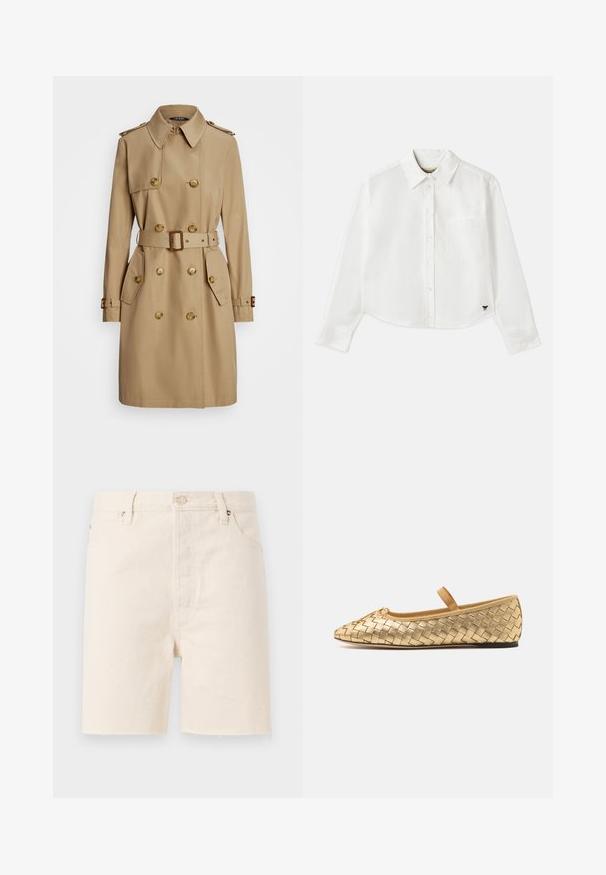 Beige trench coat with a double-breasted design, gold buttons, shoulder epaulets, belted waist, and side pockets. Smooth fabric texture.; White cropped long-sleeve shirt made of cotton. Features a button-up front, a chest pocket, and a small black logo on the bottom left.; Beige denim shorts with a straight cut, featuring a button closure, belt loops, and frayed hem. Five-pocket design.; Loeffler Randall LEONIE SOFT BALLET FLAT - Ankle strap ballet pumps - gold