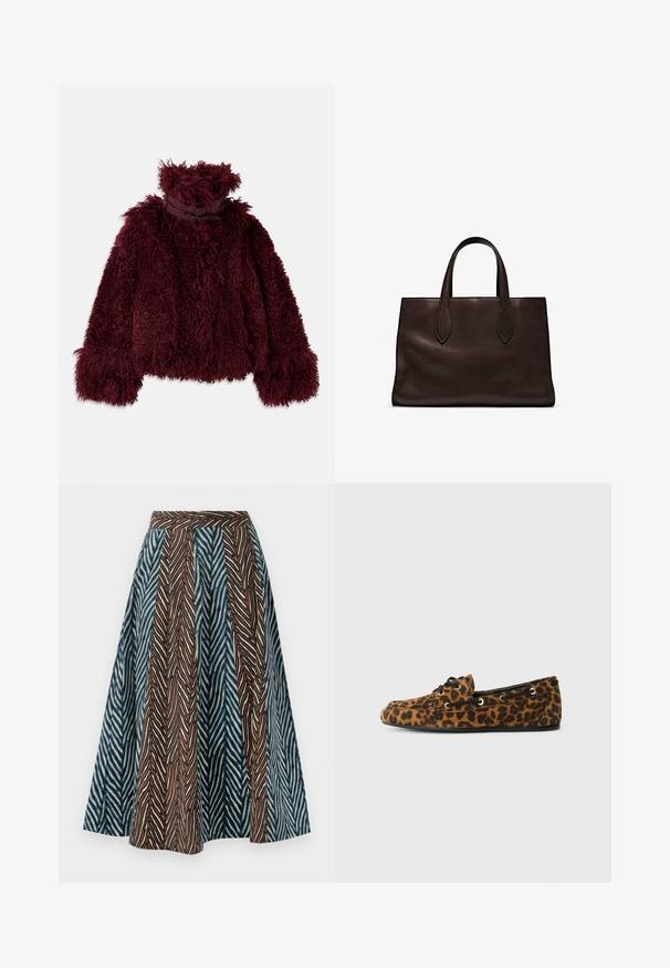 Burgunderrot Kunstfelljacke mit hohem Kragen, die eine strukturierten, flauschigen Oberfläche und dekorative schwarze Metallakzente am Hals aufweist.; Dunkelgrüner Rollkragenpullover aus weichem Stoff, mit langen Ärmeln und geripptem Kragen, locker geschnitten und mit minimalistischem Design.; Midirock in Braun und Blau mit Zickzackmuster, plissiertem Design und schmalem Bund. Hergestellt aus leichtem Stoff.; Leder-Loafers mit Leopardenmuster, weicher Textur, runder Form, schwarzen Schnürsenkeln und goldenen Ösen, ausgestattet mit einer flachen Gummisohle.; Braune Ledertasche mit zwei langen Griffen, strukturierte rechteckige Form, glatte Textur und dezente Nähdetails.; Silberner gedrehter Ring mit wellenförmigem Design. Glatte Textur und reflektierendes Finish, mit zwei ineinandergreifenden Abschnitten für einen nahtlosen Look.