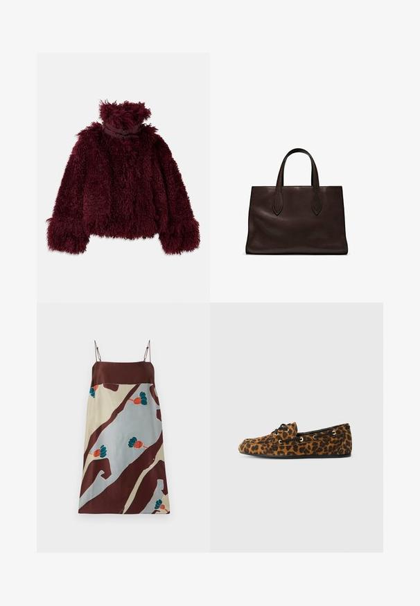 Bordeaux neplof jacket met hoge kraag, met een textuur vol fluff en decoratieve zwarte hardware accenten bij de hals.; Donkergroene coltrui gemaakt van zachte stof, met lange mouwen en een geribbelde halslijn, in een ontspannen pasvorm en minimalistisch ontwerp.; Satijnen jurk met een bruine bovenkant, die overgaat in een multikleurig patroon van abstracte vormen en bloemen in teal en oranje.; Luipaardprint instappers met een zachte textuur, ronde vorm, zwarte veters en gouden metalen oogjes, voorzien van een vlakke rubberen zool.; Bruine leren tote bag met twee verlengde handvatten, gestructureerde rechthoekige vorm, gladde textuur en subtiele stiksels.; Zilveren gedraaide ring met een golvend ontwerp. Gladde textuur en spiegelafwerking, met twee in elkaar grijpende secties voor een doorlopend uiterlijk.