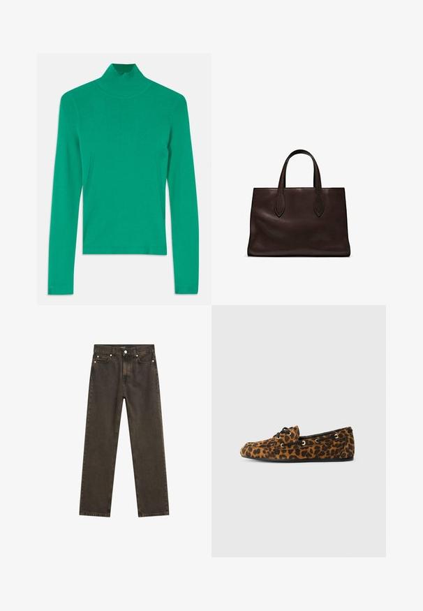 Burgundy fuskpälsjacka med hög krage, som har en texturerad, fluffig yta och dekorativa svarta metalldetaljer vid halsen.; Grön turtleneck-tröja i ribbstickad tyg, med lång ärm och subtila sid sömsdetaljer för en elegant, figurnära look.; Mörkbruna raka jeans i denim, med en klassisk femficksdesign, metallbeslag och synliga sömdetaljer.; Tofflor med leopardmönster i mjuk textur, rund form, svarta snören och gyllene öglor, med en platt gummisula.; Brun läder tote-väska med två avlånga handtag, strukturerad rektangulär form, slät textur och subtila sömdetaljer.; Silverfärgade hoopörhängen med en polerad yta, som har en cirkulär form och en gångjärnslåsning, vilket betonar en snygg och minimalistisk design.