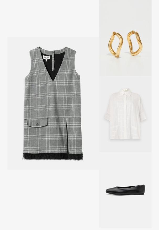 Burgundia värvi kunstkarusnahast jakk kõrge kraega, millel on tekstuuriga, kohev pind ja dekoratiivsed mustad metalldetailid kaeluses.; Valge lühikeste varrukatega särk, millel on nööbiga eesmine sulg, peened tekstuurilised mustrid ja lõdvestatud lõige, valmistatud kergest kangast.; Hall kleit hallide ruudustikega, ilma varrukateta, V-kaelusega, küljetaskuga ja pitsiga ääristatud alläär. Omab musta voodrit ja nööp sulgurit taga.; Paul Smith TOPANGA - Baleriinad - black; Kuldse värvusega rõngaskõrvarõngad, millel on kõver, ebaregulaarne kuju ja sile, poleeritud pind. Ei ole nähtavat riistvara ega aktsente.