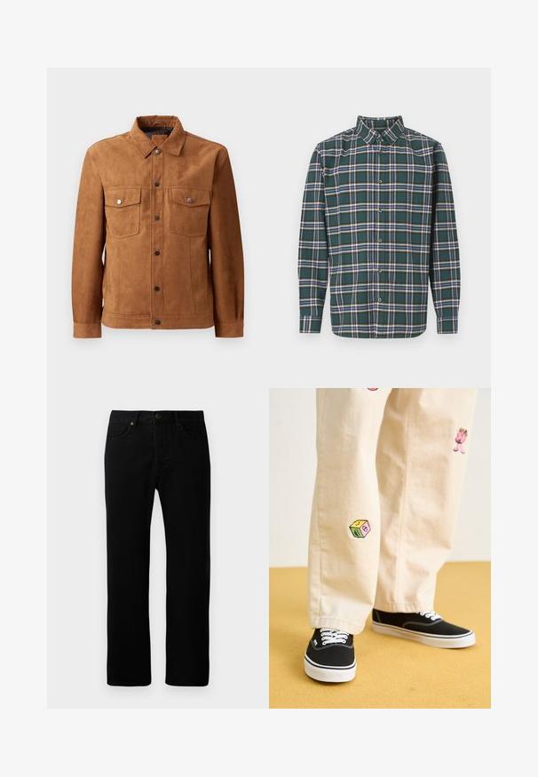 Smeđa suđena jakna s klasičnim ovratnikom, dva džepa na prsima, prednjim kopčanjem na dugmad i dugim rukavima s dugmadima na manžetama.; Zeleni flanel košulja s kariranim uzorkom koji sadrži plave, bijele i senf žute linije. Prednji dio s dugmadima i oštrim kragnom. Duge rukave.; Crne traperice od denima s ravnim krojem, pet džepova, prednjim kopčanjem na gumb i suptilnim detaljima šivanja.; Bež pamuk hlače s razigranim izvezenim dizajnima, uključujući ružičasti lik i obojene blokove, uparene s crnim vezicama za cipele.