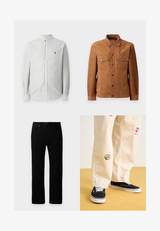 Hnědá semišová bunda se klasickým límcem, dvěma náprsními kapsami, předním zapínáním na knoflíky a dlouhými rukávy se zapínáním na knoflíky.; Košile na knoflíky s vertikálními šedými a bílými pruhy. Dlouhé rukávy, standardní límec a malé logo na levé části hrudi. Bavlněný materiál.; Černé džínové kalhoty s rovnými nohavicemi, stylingem pěti kapes, předním zapínáním na knoflík a decentními švy.; Béžové bavlněné kalhoty s hravými vyšívanými vzory, včetně růžové postavičky a barevného bloku, v kombinaci s černými šněrovacími teniskami.