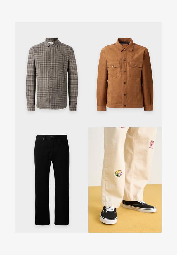 Corta-vento em camurça castanha com colarinho clássico, dois bolsos no peito, fecho de botão à frente e mangas longas com punhos com botão.; Camisa de botão de mangas longas com um padrão quadriculado em marrom e cinza, apresentando um colarinho clássico e fechos de botão na frente.; Calças de ganga pretas com um design de perna reta, estilo de cinco bolsos, fecho frontal com botão e detalhes de costura subtis.; Calças de algodão bege com desenhos bordados divertidos, incluindo uma personagem rosa e um bloco colorido, combinadas com sapatilhas pretas de atacadores.