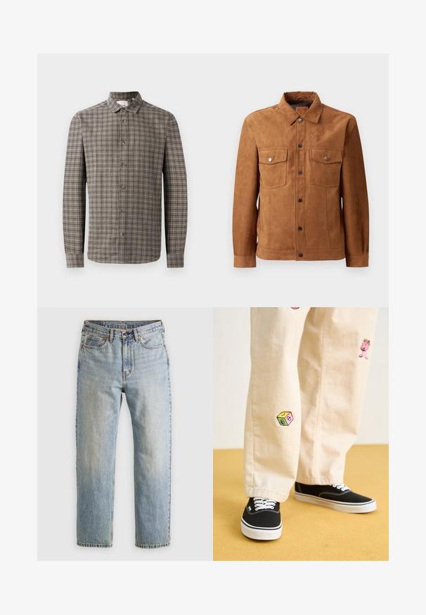 Ruskean suedes takki, jossa on klassinen kaulus, kaksi rintataskua, etupainikekiinnitys ja pitkät hihat nappikiinnityksellä.; Pitkähihaisessa nappikauluspaidassa on ruskea ja harmaa ruudullinen kuvio, jossa on klassinen kaulus ja napit edessä.; Vaaleansininen farkut, joissa on korkea vyötärö, etunappi, vetoketju ja viisi taskua, asetettu tasaisesti neutraalille taustalle.; Beige puuvillahousut leikkisillä brodeeratuilla kuvioilla, mukaan lukien vaaleanpunainen hahmo ja värikäs lohko, yhdistettynä mustiin nauhakengiin.