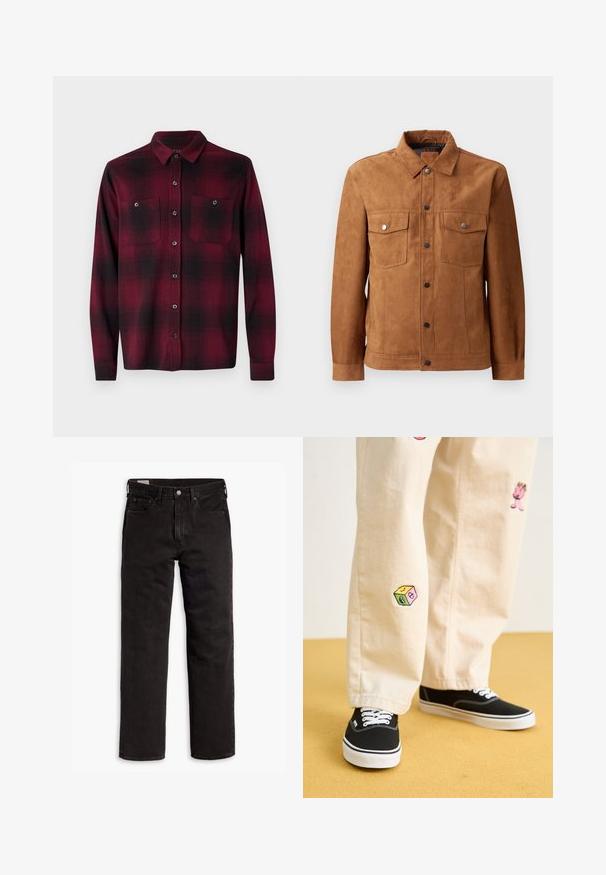 Barna velúr dzseki klasszikus gallérral, két mellzsebbel, elöl gombos záródással és hosszú ujjakon gombbal záródó mandzsettákkal.; Piros és fekete kockás flaneling hosszú ujjakkal, két mellzsebbel, gombos kivitelben és klasszikus gallérral. Puha tapintású.; Fekete egyenes szárú farmernadrág öt zsebbel, gombos záródással és övhurkokkal, fehér háttéren elhelyezve.; Beige pamut nadrág játékos hímzett mintákkal, beleértve egy rózsaszín karaktert és színes blokkot, fekete fűzős tornacipővel párosítva.
