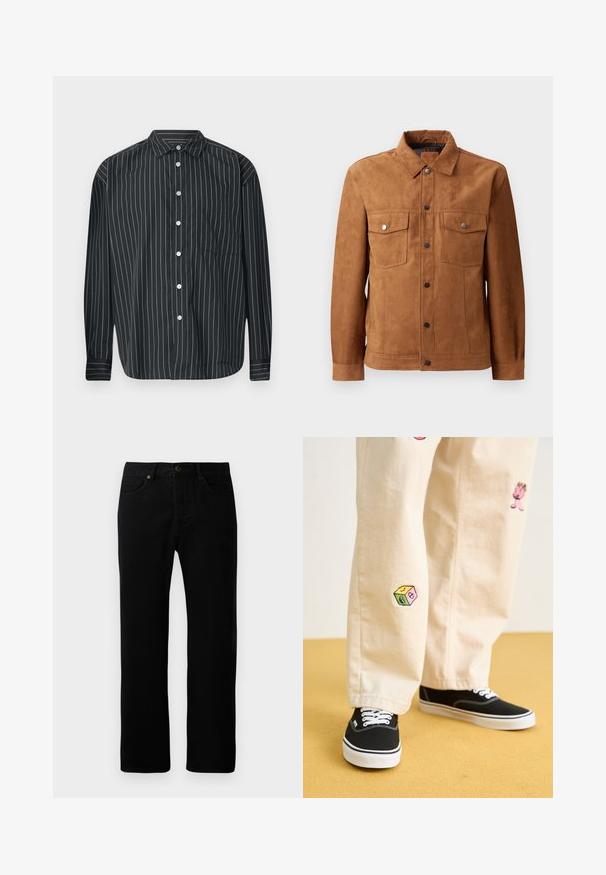 Veste en daim marron avec un col classique, deux poches poitrine, fermeture à boutons à l'avant et manches longues avec poignets à boutons.; Chemise noire à manches longues avec des rayures verticales blanches fines, une poche poitrine unique, un tissu lisse et un col classique.; Jean en denim noir avec une coupe droite, cinq poches, fermeture à bouton sur le devant et détails de couture subtils.; Pantalon en coton beige avec des motifs brodés ludiques, incluant un personnage rose et un bloc de couleur, associé à des baskets noires à lacets.