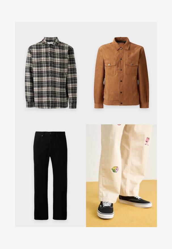 Chaqueta de ante marrón con cuello clásico, dos bolsillos en el pecho, cierre delantero de botones y mangas largas con puños abotonados.; Chaqueta de cuadros en blanco y negro con textura, cierre de botones, mangas largas y cuello, extendida sobre un fondo blanco liso.; Pantalones vaqueros de mezclilla negra con diseño de pierna recta, estilo de cinco bolsillos, cierre frontal con botón y detalles de costura sutiles.; Pantalones de algodón beige con divertidos diseños bordados que incluyen un personaje rosa y un bloque de color, combinados con zapatillas negras de cordones.