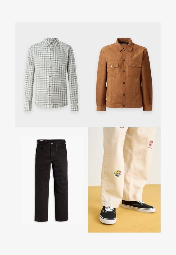 Hnedý semišový kabát s klasickým golierom, dvoma náprsními vreckami, predným zapínaním na gombíky a dlhými rukávmi s gombíkovými manžetami.; Dlhý rukáv kockovaná košeľa v bielej a námorníckej farbe, so zapínacou golierom a drevenými gombíkmi, so štvorcovým vzorom po celom povrchu.; Čierne džínsy s rovnými nohavicami, s piatimi vreckami, s rozopínaním na gombík a pútkami na opasok, položené na bielom pozadí.; Béžové bavlnené nohavice s hravými vyšívanými vzormi vrátane ružovej postavy a farebného bloku, skombinované s čiernymi šnurovacími teniskami.