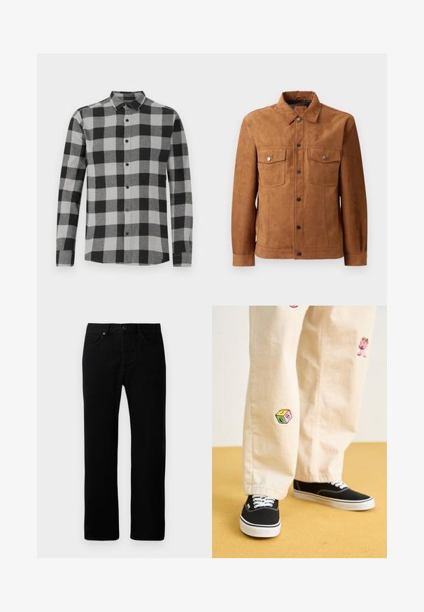 Corta-vento em camurça castanha com colarinho clássico, dois bolsos no peito, fecho de botão à frente e mangas longas com punhos com botão.; Camisa de manga longa em padrão xadrez preto e cinza com fecho de botão na frente. Apresenta um colarinho e botões pretos. Feita de um tecido macio e texturizado.; Calças de ganga pretas com um design de perna reta, estilo de cinco bolsos, fecho frontal com botão e detalhes de costura subtis.; Calças de algodão bege com desenhos bordados divertidos, incluindo uma personagem rosa e um bloco colorido, combinadas com sapatilhas pretas de atacadores.