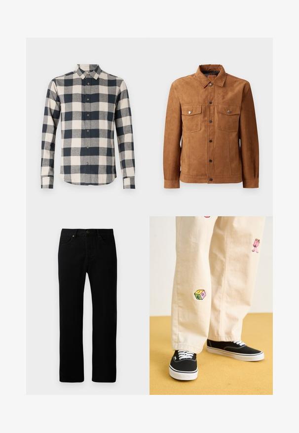 Zijde bruine suede jas met een klassieke kraag, twee borstzakken, knoopsluiting aan de voorkant en lange mouwen met knoopmanchetten.; Langsleeve overhemd in marineblauw en crèmekleurig ruitpatroon, met button-down kraag, gemaakt van katoen, met een gebogen zoom en contrasterende knopen.; Zwarte denim jeans met een rechte pijpdesign, vijf zakken, sluiting met voorknop en subtiele stikdetails.; Beige katoenen broek met speelse geborduurde ontwerpen, waaronder een roze figuur en een gekleurd blok, gecombineerd met zwarte veterschoenen.
