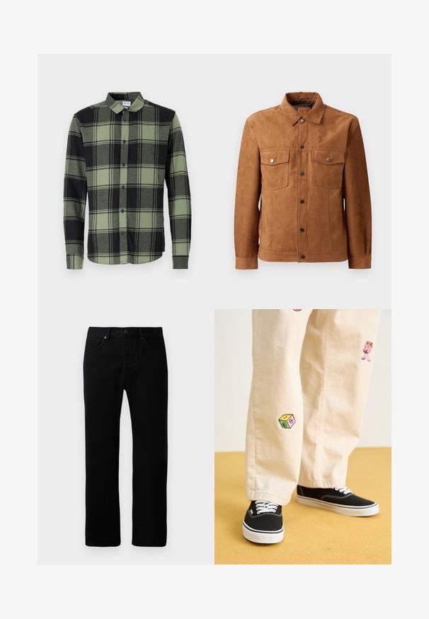 Brun mockaskinnjacka med klassisk krage, två bröstfickor, knappstängning fram och långa ärmar med knäppningar vid cuffs.; Mörkgrön och svart rutigt button-up skjorta med långa ärmar, med en klassisk krage och blå knappar. Mjuk, strukturerad tyg.; Svarta denimjeans med rak bendesign, femficksstil, knappstängning fram och subtila sömnadsdetaljer.; Beiga bomullbyxor med lekfulla broderade mönster, inklusive en rosa karaktär och färgglad ruta, kombinerat med svarta snörkängor.