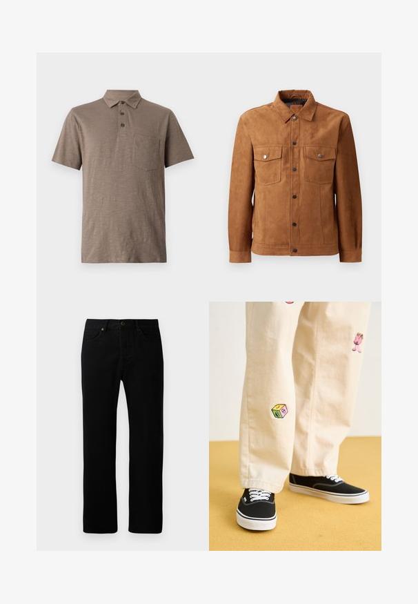 Ruskean suedes takki, jossa on klassinen kaulus, kaksi rintataskua, etupainikekiinnitys ja pitkät hihat nappikiinnityksellä.; Vaaleanruskea lyhythihainen polo-paita, joka on valmistettu pehmeästä kankaasta. Siinä on kauluskotelo, kolme nappia ja rintatasku.; Mustat farkut suoralla lahkeella, viisi taskua, edessä nappi kiinnitys ja hienovaraisia ompeluyksityiskohtia.; Beige puuvillahousut leikkisillä brodeeratuilla kuvioilla, mukaan lukien vaaleanpunainen hahmo ja värikäs lohko, yhdistettynä mustiin nauhakengiin.