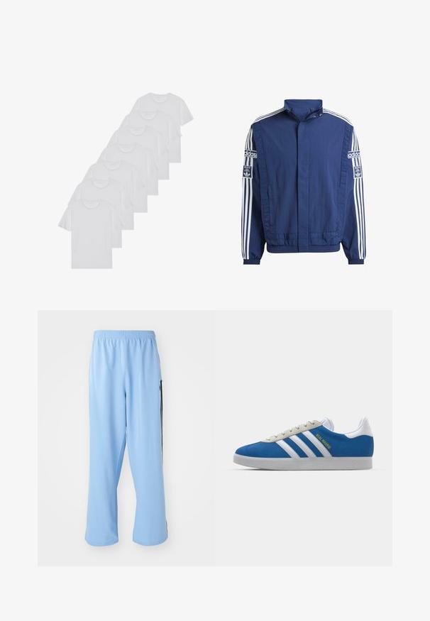 Tamsiai mėlynas švarkas, pagamintas iš lengvos medžiagos, su aukštu apykaklė, baltais raštais ant rankovių ir išryškintais Adidas logotipais abiejose pusėse.; Baltos medvilninės marškinėliai, trumpomis rankovėmis, apvaliu kaklu, lygia tekstūra, sušluoti į eilę, su subtiliu prekės ženklu ant kaklo.; Šviesiai mėlynos sportinės kelnes, pagamintas iš lygaus audinio, su elastine juosta liemenyje ir kontrastingomis juodomis šoninėmis juostomis.; adidas Originals ADIDAS GAZELLE SHOES - Salės futbolo bateliai - real madrid/bluebird/footwear white/crew yellow