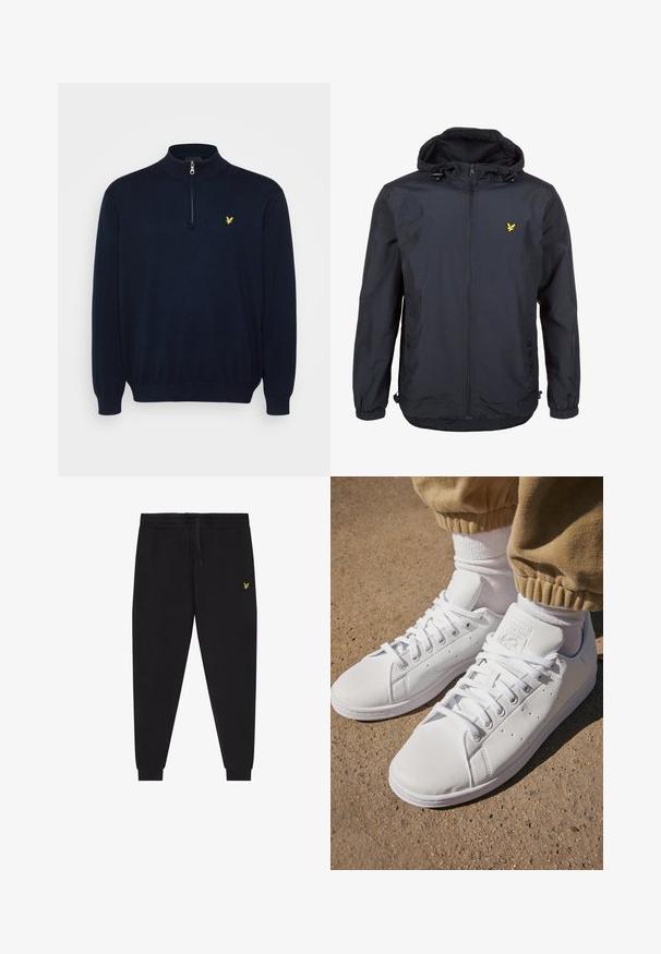 Giacca leggera di un elegante blu navy scuro con cappuccio, chiusura con zip, cordini regolabili e un piccolo logo giallo sul petto sinistro. Tessuto testurizzato.; Maglione blu navy con collo alto e mezza zip frontale, realizzato in tessuto a maglia. Presenta un piccolo logo giallo sul petto.; Lyle & Scott Pantaloni sportivi - nero; Sneakers bianchi in pelle con superficie liscia, caratterizzati da un classico design con lacci, perforazioni per la traspirabilità e una suola in gomma testurizzata.