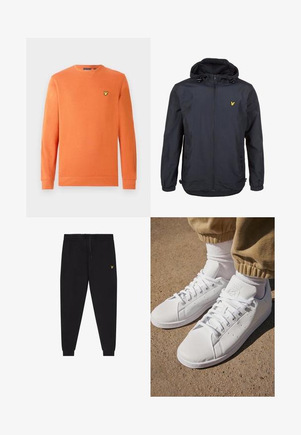 Viegls, tumši zilas krāsas jaka ar kapuci, ar rāvējslēdzēju priekšā, pielāgojamām auklām un mazu dzeltenu logotipu kreisajā krūtī. Strukturēta auduma.; Oranža džemperis ar garām piedurknēm un ribām aprocēs, uz krūtīm neliels dzeltens logo. Izgatavots no mīksta, strukturēta auduma.; Melnas sporta bikses ar elastīgu jostasvietu un auklu, šaurām kājām ar elastīgām aprocēm un nelielu dzeltenu izšūtu logotipu labajā augšstilbā.; Baltas ādas sporta apavi ar gludu virsmu, ar klasisku šņorēšanas dizainu, ar perforējumiem gaisa caurlaidībai un teksturētu gumijas zoli.