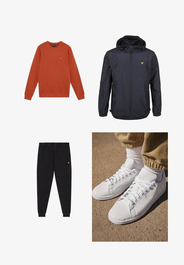 Lichte, donkerblauwe jas met capuchon, ritssluiting aan de voorkant, verstelbare trekkoorden en een klein geel logo op de linkerborst. Gestructureerde stof.; Verbrande oranje trui van een katoenmix, met een ronde hals, geribbelde boorden en zoom, gestructureerde stof, met een klein geel geborduurd logo op de borst.; Zwarte joggingsbroek met elastische taille en trekkoord, taps toelopende pijpen met boorden en een klein geel geborduurd logo op de rechterdij.; Witte leren sneakers met een gladde oppervlakte, met een klassieke vetersluiting, perforaties voor ademend vermogen en een gestructureerde rubberen buitenzool.